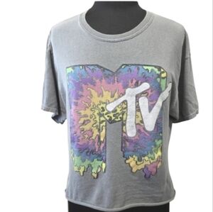 MTV Small Gray Boxy Crop Short Sleeve Tee Colorful Logo Retro Gen X Grunge